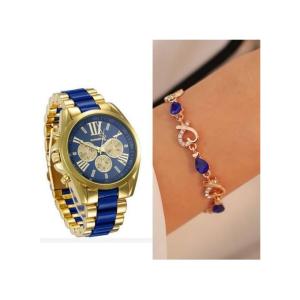 Geneva 2 In 1 Studded Women Wrist Watch With Bracelet-gold/blue