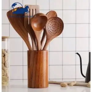 Bamboo Wooden Cooking Utensils With Holder - 5 Pcs