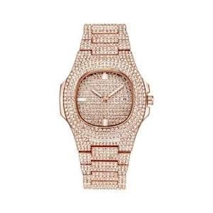 Fashion Front Studded Stainless Steel Wrist Watch- Rose Gold